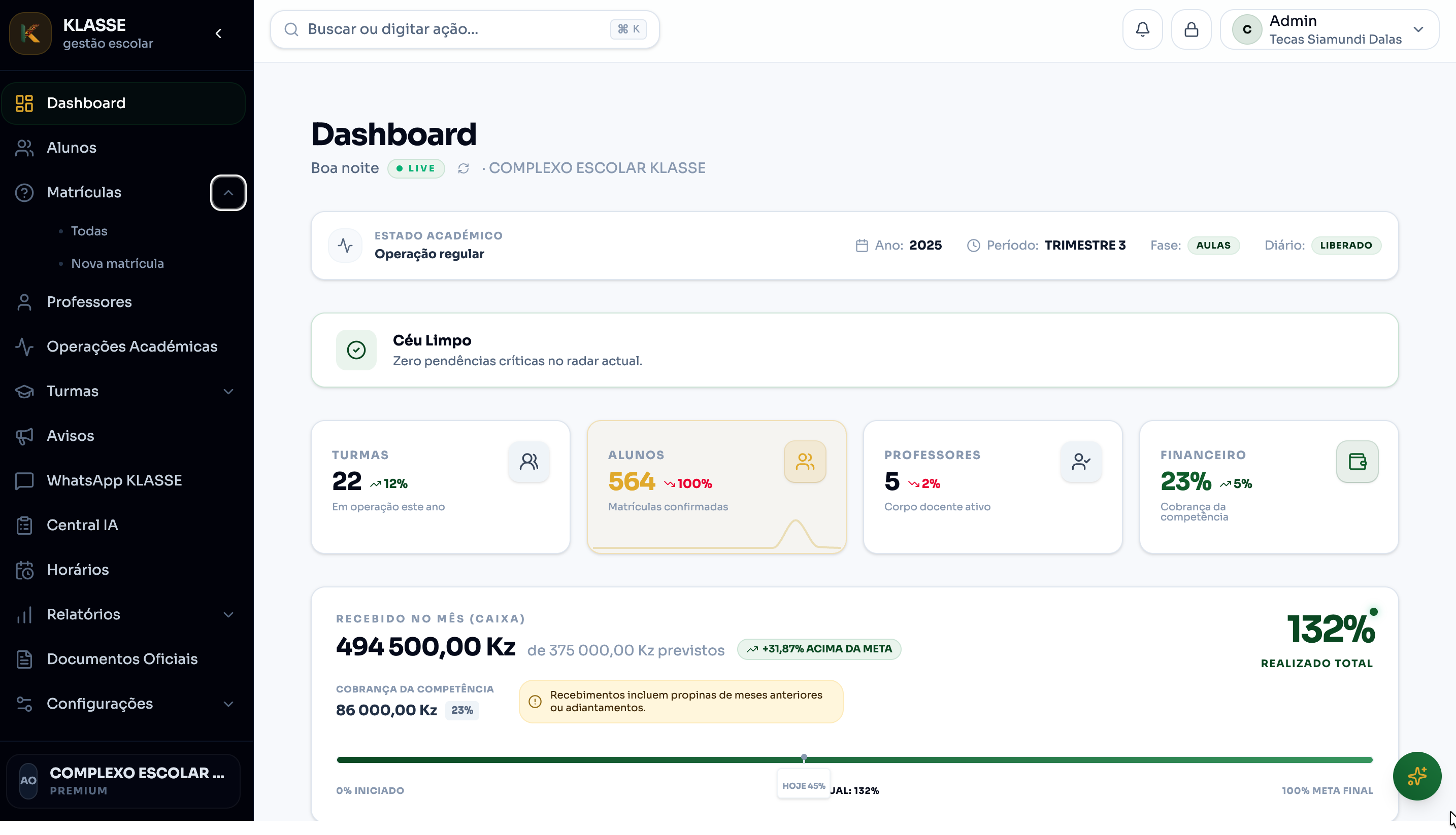 Dashboard real do KLASSE