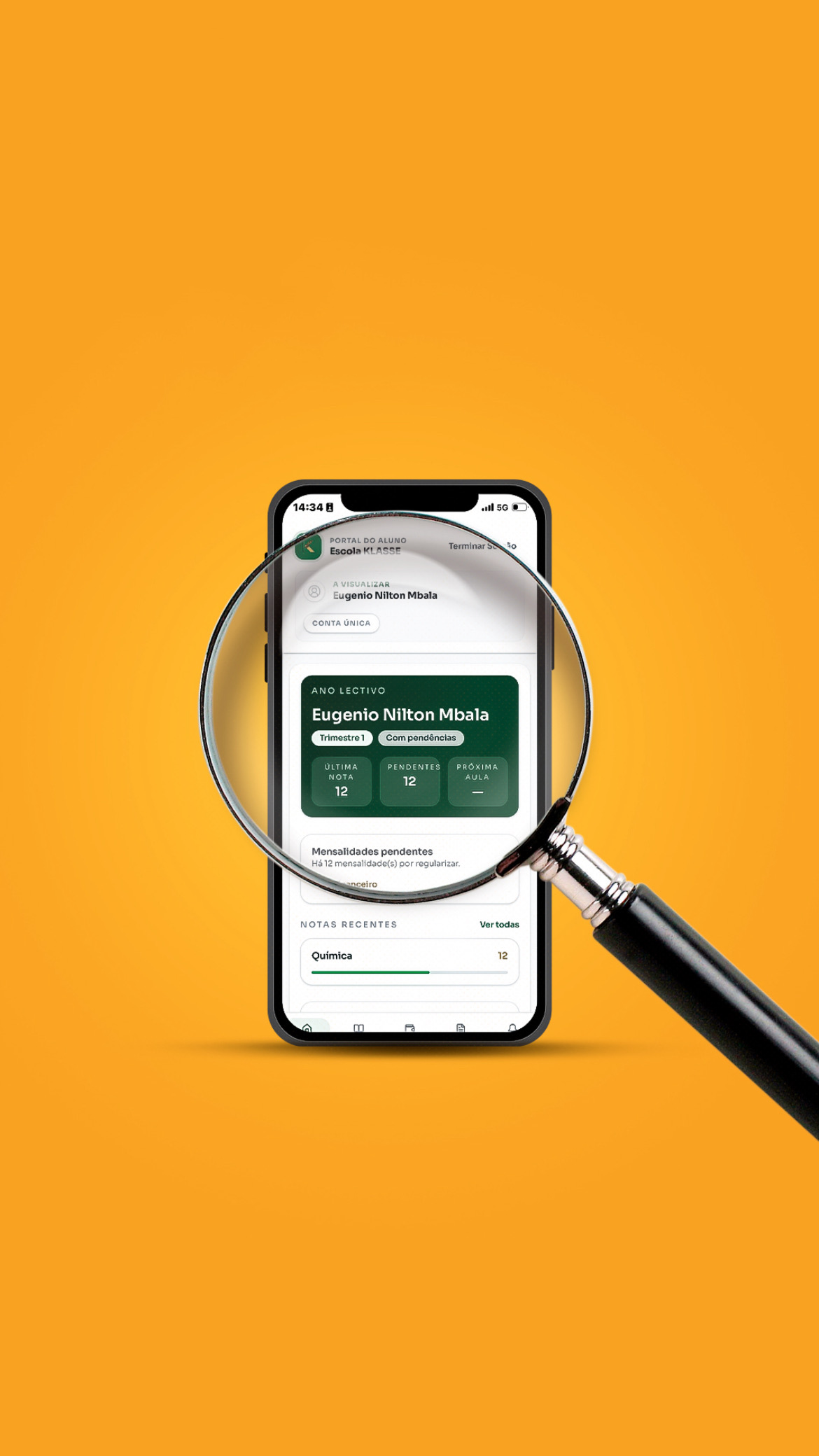Portal do aluno KLASSE no telemóvel com lupa